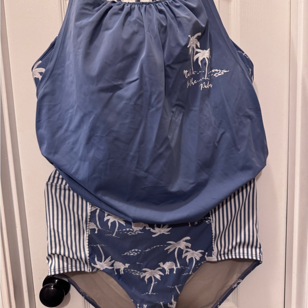 Cacique Blue and White Palm Print Swimsuit